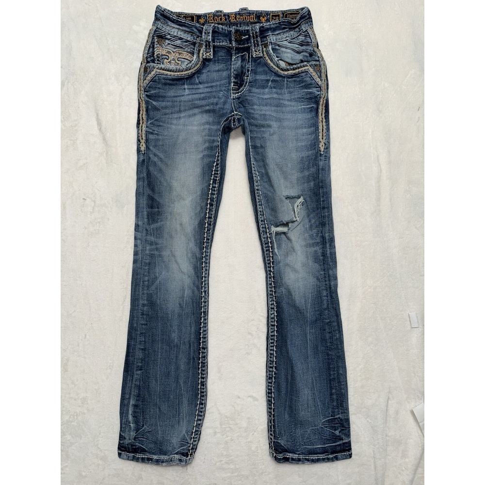 Rock Revival Men's Blue Distressed Wash Straight Jeans Hanvid Slim Boot Size 28
